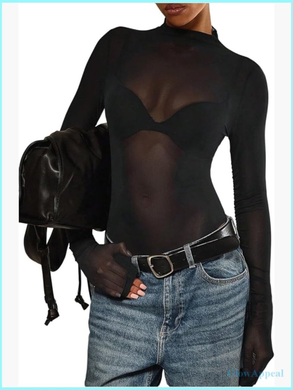 Sheer Mesh Long Sleeve Bodysuit Mock Neck Leotard Top